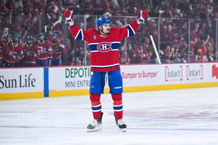 May 16, 2026; Montreal, Quebec, CAN; Montreal Canadiens defenseman Arber Xhekaj (72) reacts after socring a goal against the Buffalo Sabres during the first period in game six of the second round of the 2026 Stanley Cup Playoffs at Bell Centre.