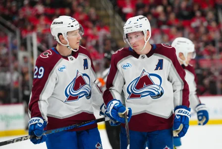 Dec 5, 2024; Raleigh, North Carolina, USA; Colorado Avalanche center Nathan MacKinnon (29) and defenseman Cale Makar (8) look on against the Carolina Hurricanes during the third period at Lenovo Center. Mandatory Credit: