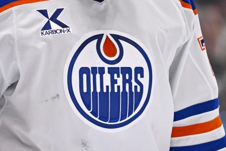 May 29, 2025; Dallas, Texas, USA; A view of the logo of the Edmonton Oilers on the jersey of goaltender Stuart Skinner (74) during the game between the Dallas Stars and the Edmonton Oilers in game five of the Western Conference Final of the 2025 Stanley Cup Playoffs at American Airlines Center.