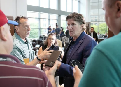 Jul 1, 2023; Columbus, OH, USA; New Columbus Blue Jackets head coach Mike Babcock talks to the media after being named head coach during a press conference at Nationwide Arena.