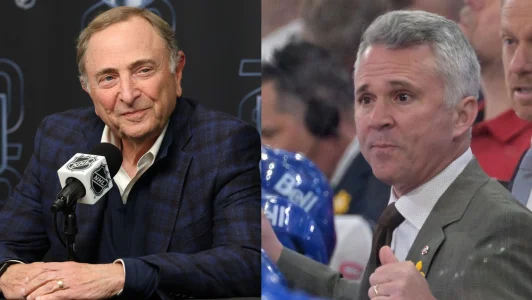 24 avril 2026 ; Salt Lake City, Utah, États-Unis ; Gary Bettman, commissaire de la LNH, sadresse aux médias avant le troisième match du premier tour des séries éliminatoires de la Coupe Stanley 2026, opposant le Mammoth de lUtah aux Golden Knights de Vegas au Delta Center. - 7 avril 2026 ; Montréal, Québec, Canada ; Martin St-Louis, entraîneur-chef des Canadiens de Montréal, discute avec ses joueurs pendant la troisième période.