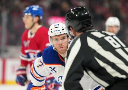 Dec 14, 2025; Montreal, Quebec, CAN; Edmonton Oilers forward Connor McDavid (97) prepares for a face off against the Montreal Canadiens during the first period at the Bell Centre.