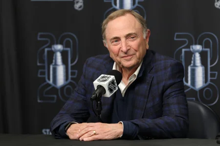 Apr 24, 2026; Salt Lake City, Utah, USA; NHL commissioner Gary Bettman speaks to the media before game three of the first round of the 2026 Stanley Cup Playoffs between the Utah Mammoth and the Vegas Golden Knights at Delta Center.