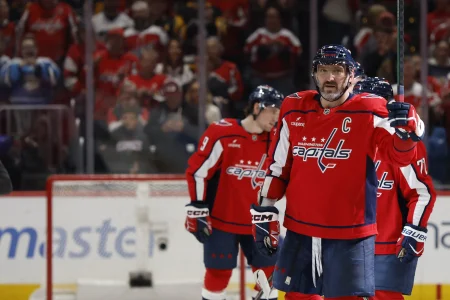 Apr 12, 2026; Washington, District of Columbia, USA; Washington Capitals left wing Alex Ovechkin (8) smiles while waving off a handshake line by the Pittsburgh Penguins after their game at Capital One Arena.