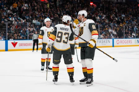 Apr 7, 2026; Vancouver, British Columbia, CAN; Vegas Golden Knights forward Mitch Marner (93) talks with forward Mark Stone (61) during a stop in play against the Vancouver Canucks in the first period at Rogers Arena.
