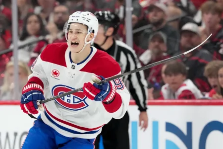 May 21, 2026; Raleigh, North Carolina, USA; Montreal Canadiens right wing Ivan Demidov (93) reacts during the third period against the Carolina Hurricanes in game one of the Eastern Conferene Final of the 2026 Stanley Cup Playoffs at Lenovo Center.
