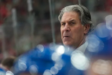 Jan 3, 2026; Raleigh, North Carolina, USA; Colorado Avalanche head coach Jared Bednar looks on against the Carolina Hurricanes during the first period at Lenovo Center.