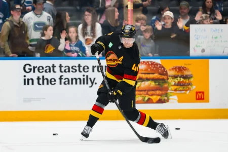 Apr 7, 2026; Vancouver, British Columbia, CAN; Vancouver Canucks forward Elias Pettersson (40) shoots in warm up prior to a game against the Vegas Golden Knights at Rogers Arena.