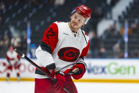Mar 4, 2026; Vancouver, British Columbia, CAN; forward Jesperi Kotkaniemi (82) smiles in warm up prior to a game against the Vancouver Canucks at Rogers Arena.
