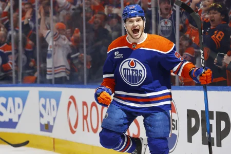 Apr 28, 2026; Edmonton, Alberta, CAN; Edmonton Oilers forward Vasily Podkolzin (92) celebrates after scoring a goal during the first period against the Anaheim Ducks in game five of the first round of the 2026 Stanley Cup Playoffs at Rogers Place.