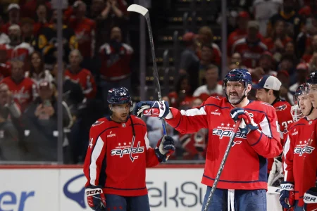 Apr 12, 2026; Washington, District of Columbia, USA; Washington Capitals left wing Alex Ovechkin (8) smiles while waving off a handshake line by the Pittsburgh Penguins after their game at Capital One Arena.