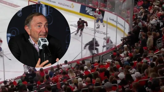 21 avril 2026 ; Buffalo, État de New York, États-Unis ; Gary Bettman, commissaire de la LNH, sadresse aux médias avant le deuxième match du premier tour des séries éliminatoires de la Coupe Stanley 2026, opposant les Sabres de Buffalo aux Bruins de Boston, au KeyBank Center.