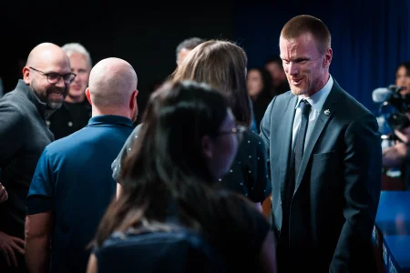 May 14, 2026; Vancouver, BC, Canada; Daniel Sedin meets with media during a press conference where the Vancouver Canucks name new senior management staff. Henrik Sedin and his twin brother Daniel Sedin have been appointed as co-presidents of hockey operations and Ryan Johnson is now the new general manager of the club at Rogers Arena.