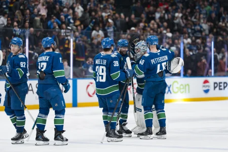 Apr 14, 2026; Vancouver, British Columbia, CAN; Vancouver Canucks forward Liam Ohgren (92) and defenseman Filip Hronek (17) and forward Ty Mueller (39) and forward Jake DeBrusk (74) and forward Elias Pettersson (40) and goalie Kevin Lankinen (32) celebrate their victory against the Los Angeles Kings in overtime at Rogers Arena.