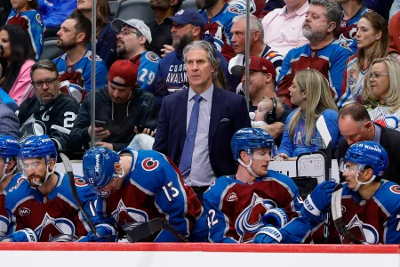 Apr 9, 2026; Denver, Colorado, USA; Colorado Avalanche head coach Jared Bednar in the third period against the Calgary Flames at Ball Arena.