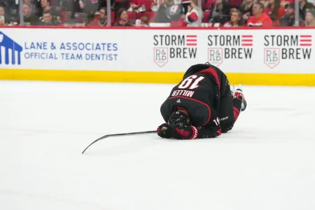 May 23, 2026; Raleigh, North Carolina, USA; Carolina Hurricanes defenseman Kandre Miller (19) reacts after being fouled during the second period against the Montréal Canadiens in game two of the Eastern Conferene Final of the 2026 Stanley Cup Playoffs at Lenovo Center.J