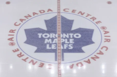 Dec 15, 2015; Toronto, Ontario, CAN; The Toronto Maple Leafs logo at center ice before the start of the game against the Tampa Bay Lightning at Air Canada Centre. The Lightning beat the Maple Leafs 5-4.