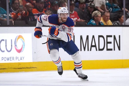 Apr 8, 2026; San Jose, California, USA; Edmonton Oilers center Connor McDavid (97) follows the action against the San Jose Sharks during the second period at SAP Center at San Jose.