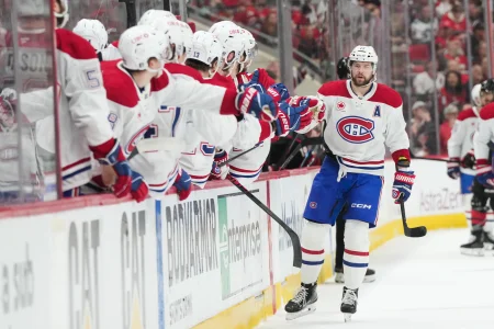 May 23, 2026; Raleigh, North Carolina, USA; Montréal Canadiens right wing Josh Anderson (17) celebrates after scoring a goal during the first period against the Carolina Hurricanes in game two of the Eastern Conferene Final of the 2026 Stanley Cup Playoffs at Lenovo Center.