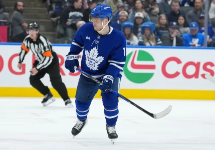 Apr 13, 2026; Toronto, Ontario, CAN; Toronto Maple Leafs center Max Domi (11) follows the play against the Dallas Stars during the third period at Scotiabank Arena.