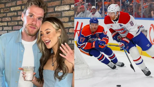 23 octobre 2025; Edmonton (Alberta, Canada); Le défenseur des Canadiens de Montréal, Mike Matheson (8), effectue une passe devant lattaquant des Oilers dEdmonton, Connor McDavid (97), durant la première période au Rogers Place.