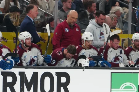 May 24, 2026; Las Vegas, Nevada, USA; Colorado Avalanche center Nathan MacKinnon (29) recovers on the bench after an injury during the second period against the Vegas Golden Knights in game three of the Western Conference Final of the 2026 Stanley Cup Playoffs at T-Mobile Arena.