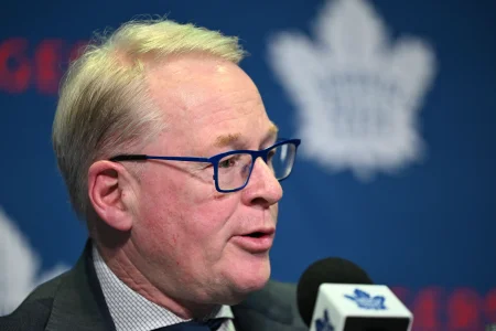 May 4, 2026; Toronto, Ontario, CANADA; Toronto Maple Leafs CEO Keith Pelley speaks to the media at an introductory news conference to introduce new team management at Real Sports Bar and Grill.