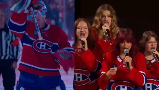 Scène impliquant notamment Jakub Dobes, lors de lhymne national du Canadien de Montréal au Centre Bell.