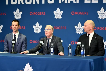 May 4, 2026; Toronto, Ontario, CANADA; Maple Leafs Sports and Entertainment CEO Keith Pelley answers media questions between Toronto Maple Leafs general manager John Chayka (left) and senior executive advisor Mats Sundin during an introductory news conference at Real Sports Bar and Grill.