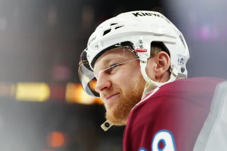 May 24, 2026; Las Vegas, Nevada, USA; Colorado Avalanche center Nathan MacKinnon (29) warms up before a game against the Vegas Golden Knights in game three of the Western Conference Final of the 2026 Stanley Cup Playoffs at T-Mobile Arena.