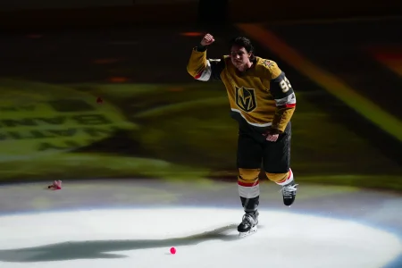 May 24, 2026; Las Vegas, Nevada, USA; Vegas Golden Knights right wing Mitch Marner (93) celebrates being the third star after the game against the Colorado Avalanche in game three of the Western Conference Final of the 2026 Stanley Cup Playoffs at T-Mobile Arena.