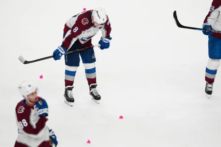 May 26, 2026; Las Vegas, Nevada, USA; Colorado Avalanche defenseman Cale Makar (8) reacts to the loss against the Vegas Golden Knights in game four of the Western Conference Final of the 2026 Stanley Cup Playoffs at T-Mobile Arena.