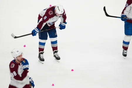 May 26, 2026; Las Vegas, Nevada, USA; Colorado Avalanche defenseman Cale Makar (8) reacts to the loss against the Vegas Golden Knights in game four of the Western Conference Final of the 2026 Stanley Cup Playoffs at T-Mobile Arena. Mandatory Credit: Stephen R. Sylvanie-Imagn Images