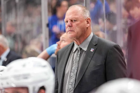 Oct 13, 2022; Saint Paul, Minnesota, USA; New York Rangers Gerard Gallant looks on during the second period against the Minnesota Wild at Xcel Energy Center.