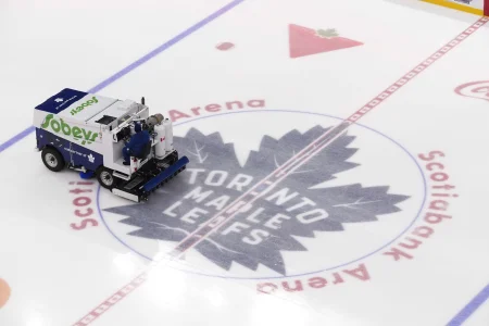 Mar 25, 2026; Toronto, Ontario, CAN; A zamboni ice machine cleans the Toronto Maple Leafs logo at cener ice before warm up for a game against the New York Rangers at Scotiabank Arena.