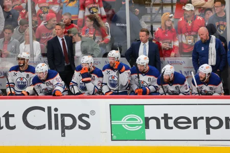 Jun 17, 2025; Sunrise, Florida, USA; The Edmonton Oilers look on from the bench in the final minutes of game six of the 2025 Stanley Cup Final against the Florida Panthers at Amerant Bank Arena.