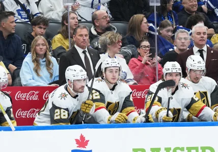 Jan 23, 2026; Toronto, Ontario, CAN; Vegas Golden Knights head coach Bruce Cassidy looks on during the game against theToronto Maple Leafs during the third period at Scotiabank Arena.