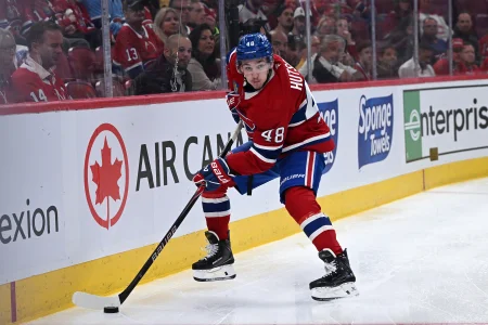 May 27, 2026; Montreal, Quebec, CAN; Montreal Canadiens defenseman Lane Hutson (48) skates with the puck against the Carolina Hurricanes during the second period in game four of the Eastern Conference Final of the 2026 Stanley Cup Playoffs at Bell Centre.
