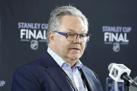 Jun 2, 2023; Las Vegas, Nevada, USA; Vegas Golden Knights general manager Kelly McCrimmon answers questions to the press during media day in advance of the 2023 Stanley Cup Final.