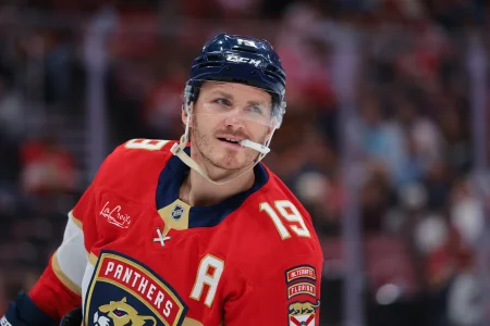 Apr 15, 2026; Sunrise, Florida, USA; Florida Panthers left wing Matthew Tkachuk (19) looks on against the Detroit Red Wings during the first period at Amerant Bank Arena.