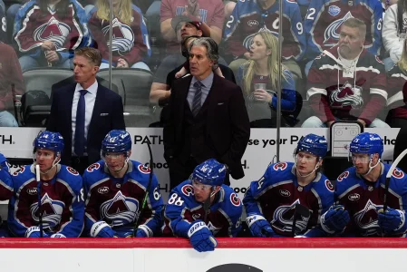 Apr 19, 2026; Denver, Colorado, USA; Colorado Avalanche head coach Jared Bednar during the third period against the Los Angeles Kings in game one of the first round of the 2026 Stanley Cup Playoffs at Ball Arena.