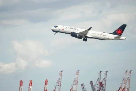 An Air Canada plane departs Newark Liberty International Airport, Monday, September 1, 2025.