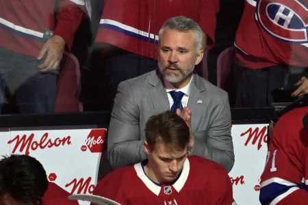 May 27, 2026; Montreal, Quebec, CAN; Montreal Canadiens head coach Martin St. Louis during the first period in game four of the Eastern Conference Final of the 2026 Stanley Cup Playoffs at Bell Centre.