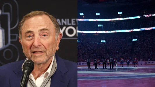 25 mai 2026; Montréal, Québec, Canada; Les joueurs des Hurricanes de la Caroline et des Canadiens de Montréal sur la glace pour les hymnes nationaux avant le troisième match de la finale de lAssociation de lEst des séries éliminatoires de la Coupe Stanley 2026 au Centre Bell.