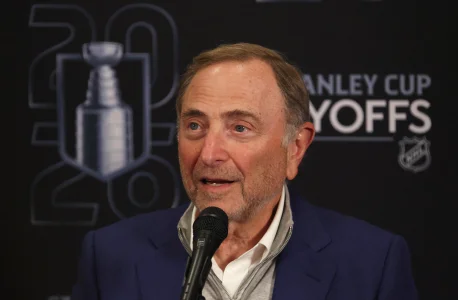 Apr 20, 2026; Pittsburgh, Pennsylvania, USA; National Hockey League Commissioner Gary Bettman speaks at a press conference before the Pittsburgh Penguins host the Philadelphia Flyers in game two of the first round of the 2026 Stanley Cup Playoffs at PPG Paints Arena.