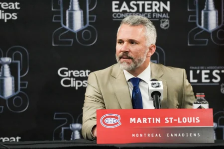 May 23, 2026; Raleigh, North Carolina, USA; Montréal Canadiens head coach Martin St. Louis speaks after the game against the Carolina Hurricanes in game two of the Eastern Conferene Final of the 2026 Stanley Cup Playoffs at Lenovo Center.