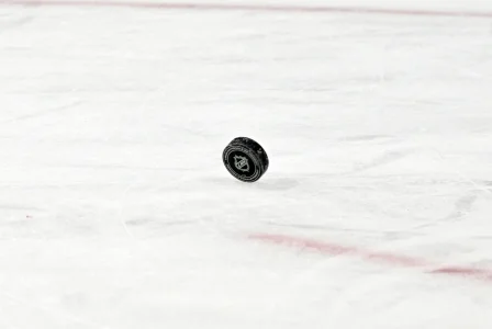 Dec 18, 2025; Montreal, Quebec, CAN; Puck with the NHL logo before the game between the Chicago Blackhawks and Montreal Canadiens at the Bell Centre.