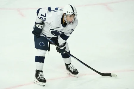 Oct 10, 2025; University Park, PA, USA; Penn State Nittany Lions forward Gavin McKenna (72) skates against the Clarkson Golden Knights during the second period at Pegula Ice Arena.