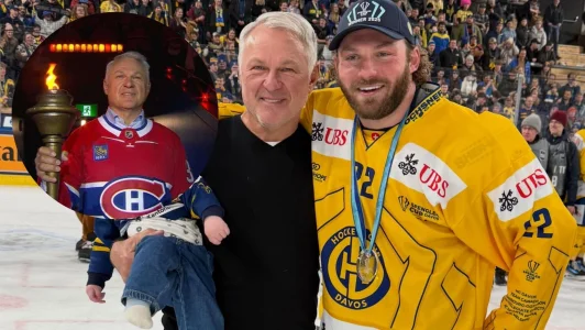 Brendan Lemieux (fils de Claude Lemieux), et l'ancien du Canadien de Montréal qui porte le flambeau au Centre Bell.
