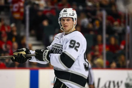 Apr 16, 2026; Calgary, Alberta, CAN; Los Angeles Kings defenseman Brandt Clarke (92) against the Calgary Flames during the third period at Scotiabank Saddledome.